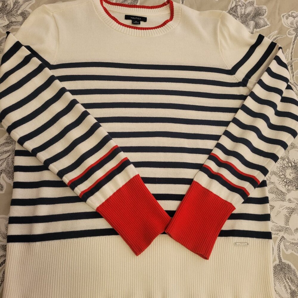 Nautica Crew Neck Cotton Sweater Cream w/Blue Stripes and Red Cuffs Medium EUC